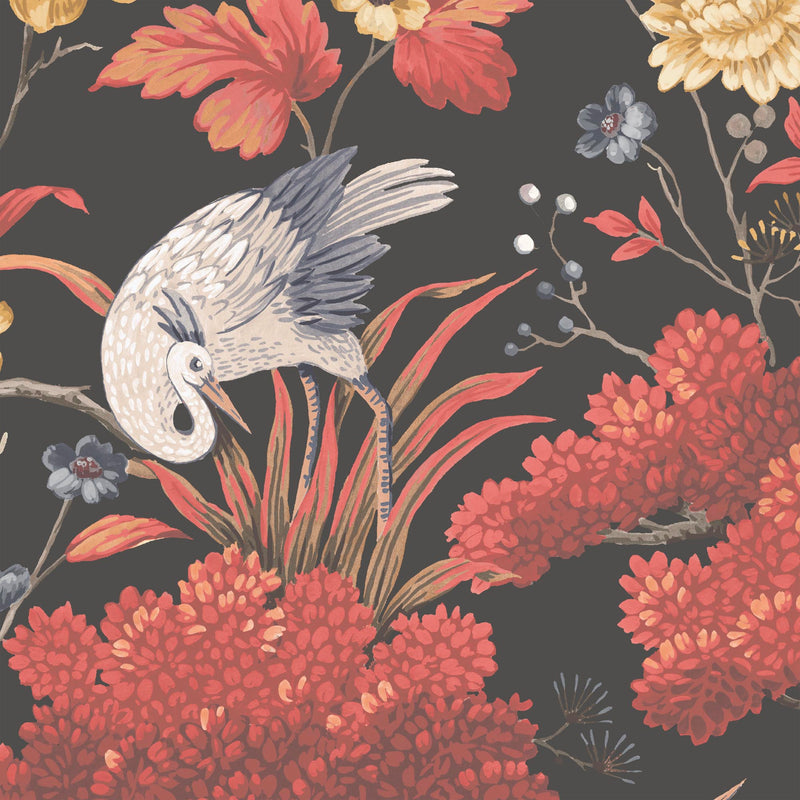 Crane Bird in Japanese Red Wallpaper By Woodchip & Magnolia