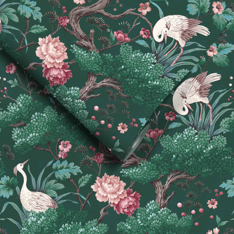 Crane Bird Forest Green Wallpaper