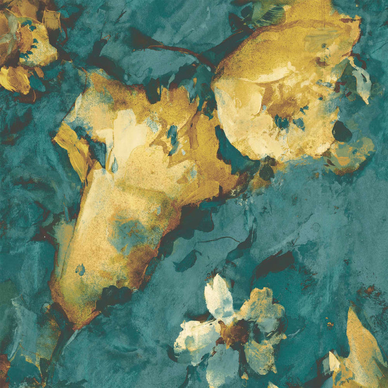 Expressive Floral Teal/Yellow Mural