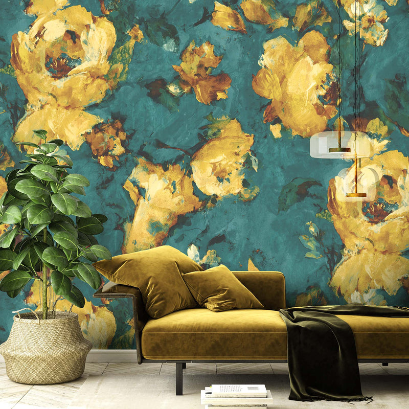 Expressive Floral Teal/Yellow Mural