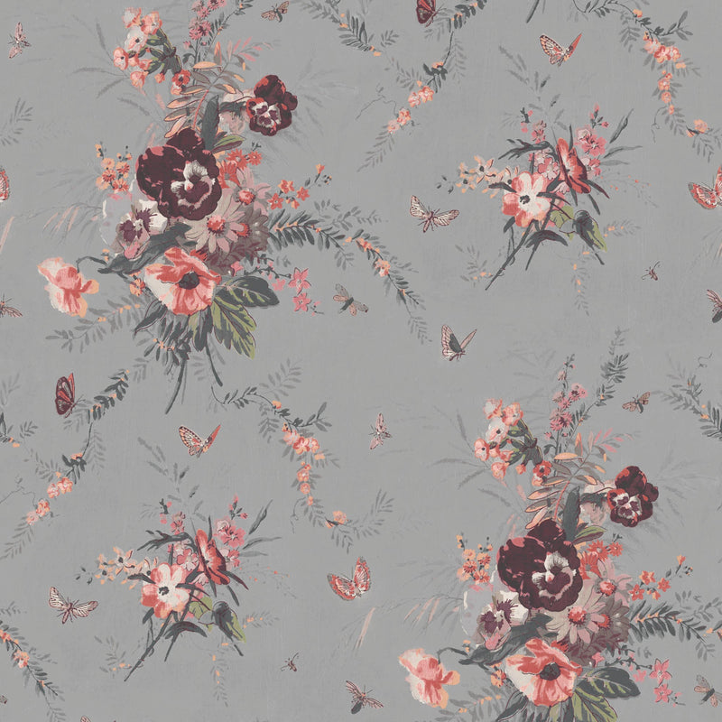 Violas and Butterflies Grey Wallpaper