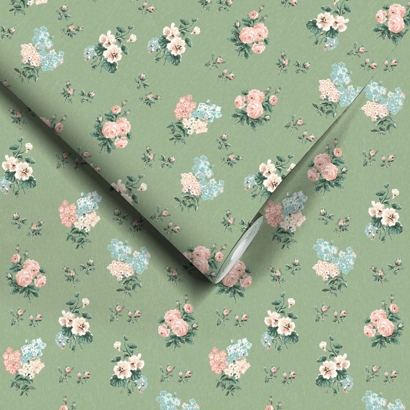 Posies in Woodland Green Wallpaper